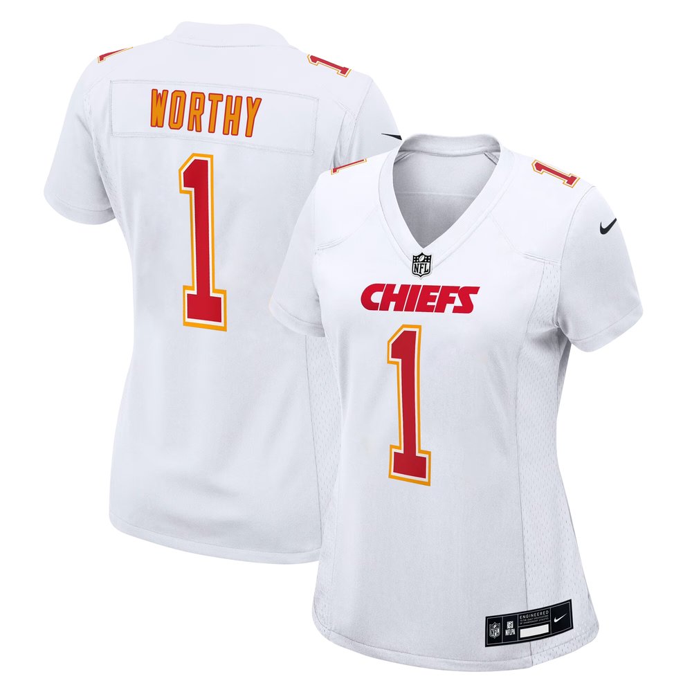 Women’s Kansas City Chiefs #1 Xavier Worthy Tundra White Fashion Game Jersey