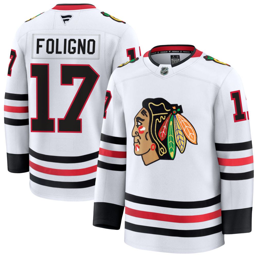 Men’s Chicago Blackhawks #17 Nick Foligno White Away Premium Jersey