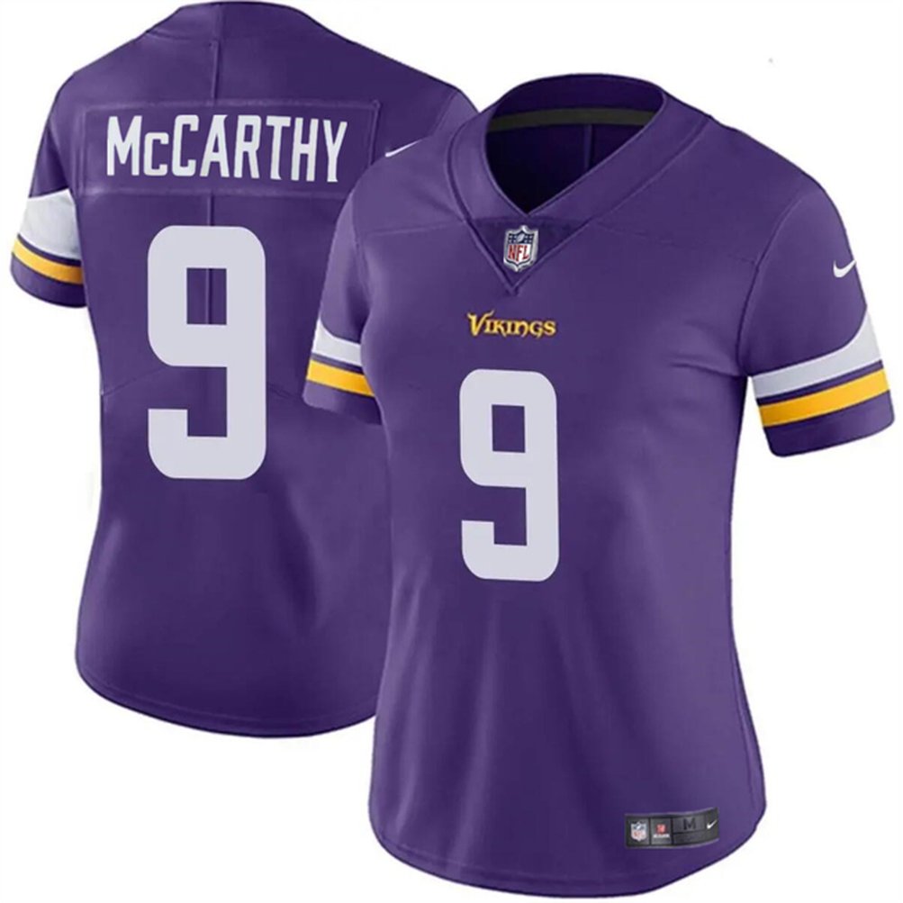 Women’s Minnesota Vikings #9 J.J. McCarthy Purple 2024 Draft Vapor Stitched Jersey(Run Small)