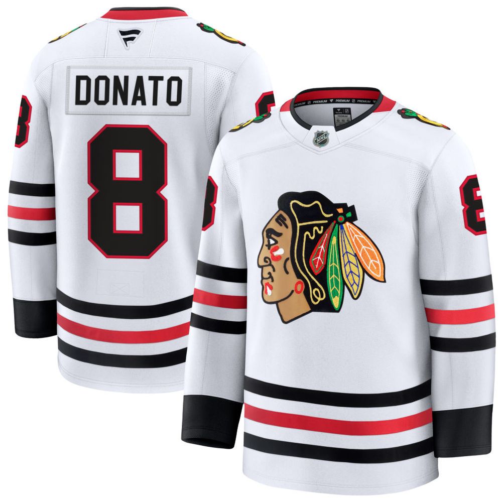 Men’s Chicago Blackhawks #8 Ryan Donato White Away Premium Jersey
