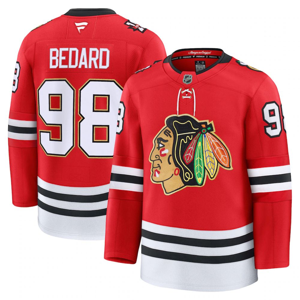 Men’s Chicago Blackhawks #88 Connor Bedard Red Centennial Premium Player Jersey