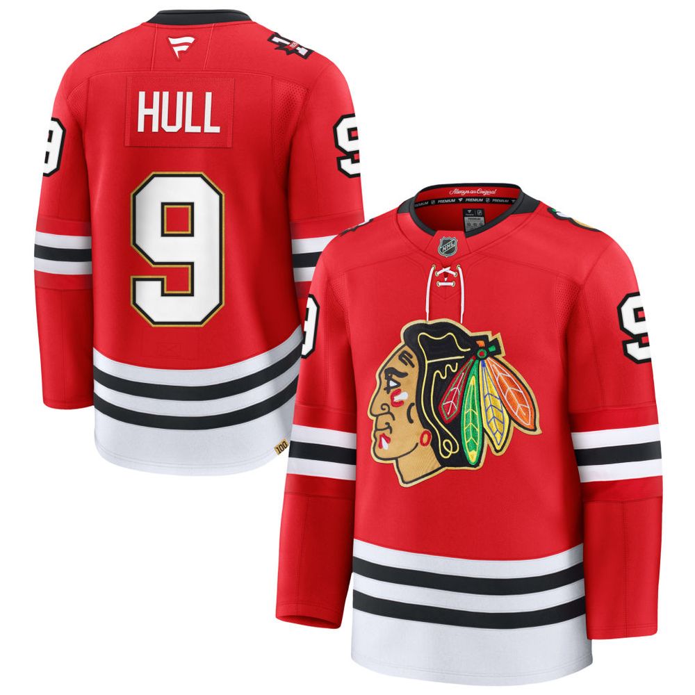 Men’s Chicago Blackhawks #9 Bobby Hull Red Centennial Premium Jersey