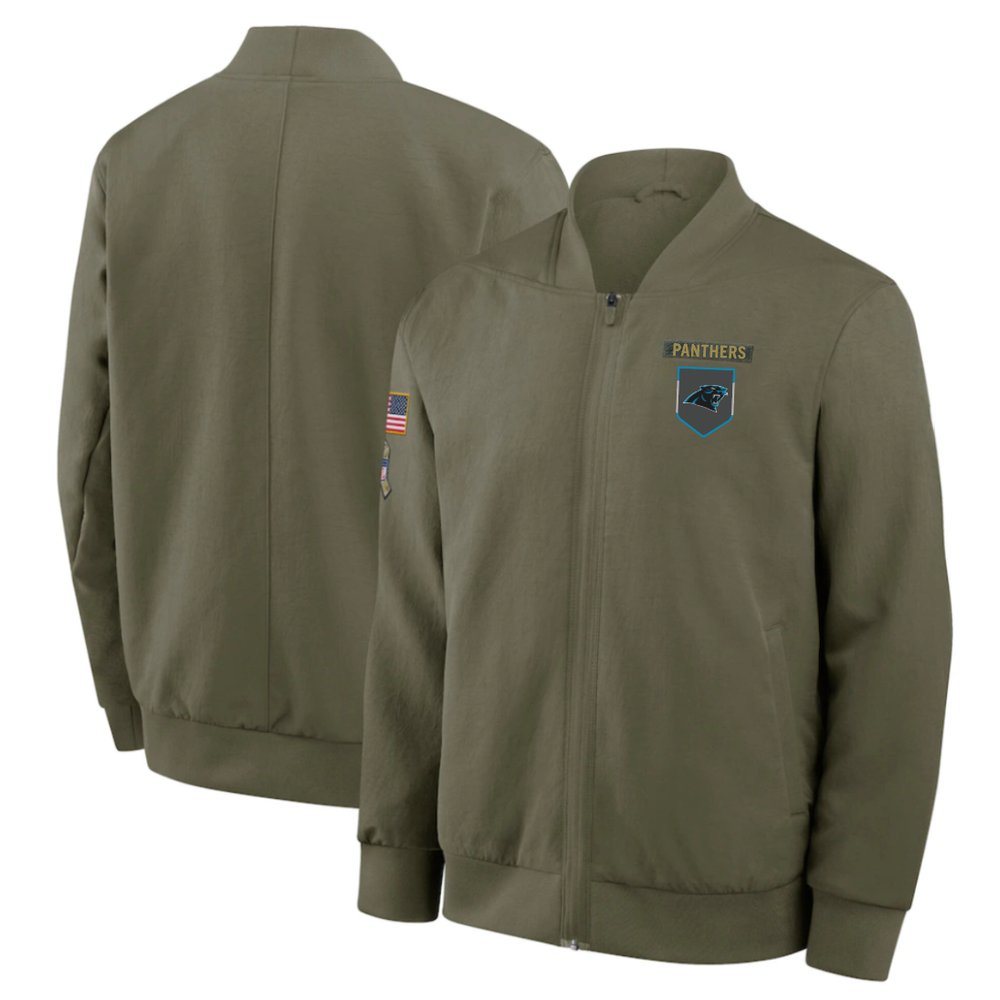 Men’s Carolina Panthers Nike Olive 2025 Salute to Service Sideline Full-Zip Bomber Jacket