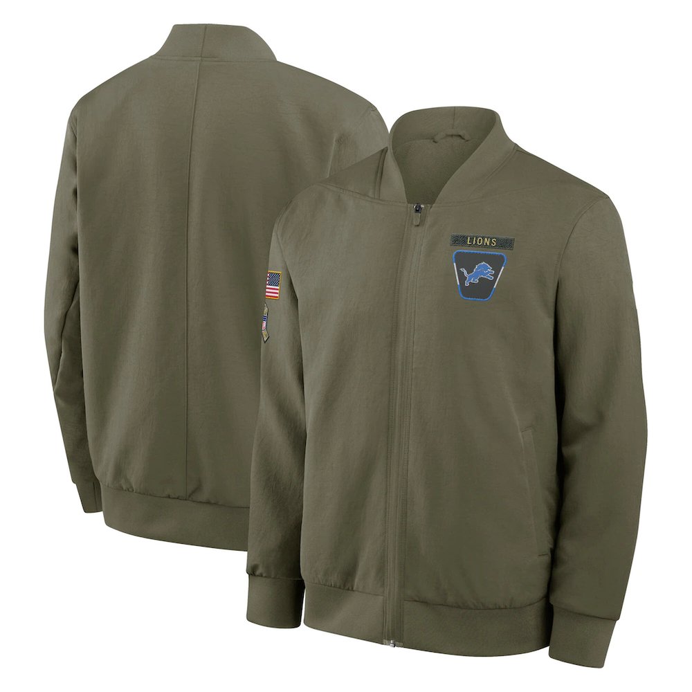 Men’s Detroit Lions Nike Olive 2025 Salute to Service Sideline Full-Zip Bomber Jacket