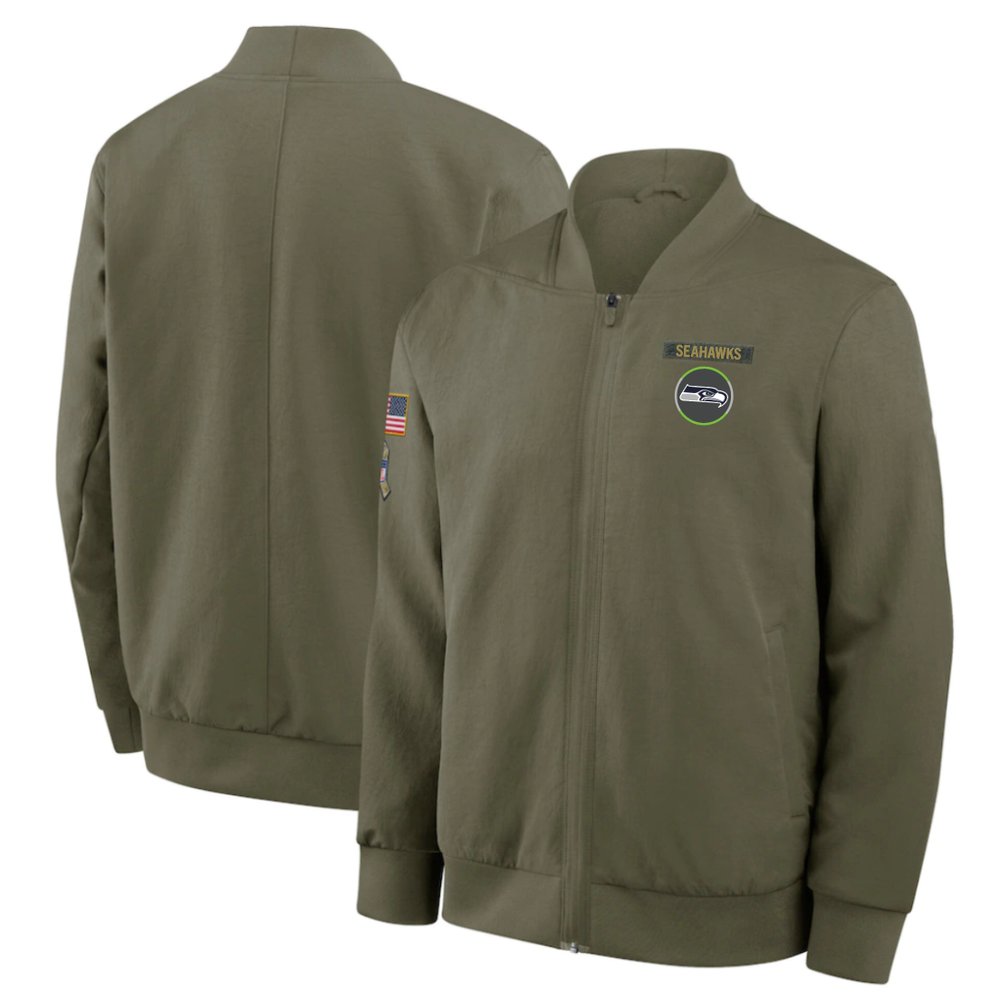 Men’s Seattle Seahawks Nike Olive 2025 Salute to Service Sideline Full-Zip Bomber Jacket