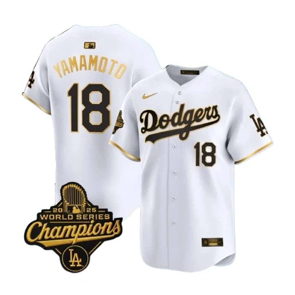 Men’s Los Angeles Dodgers #18 Yoshinobu Yamamoto Nike White Golden 2025 World Series Champions Home Limited Jersey