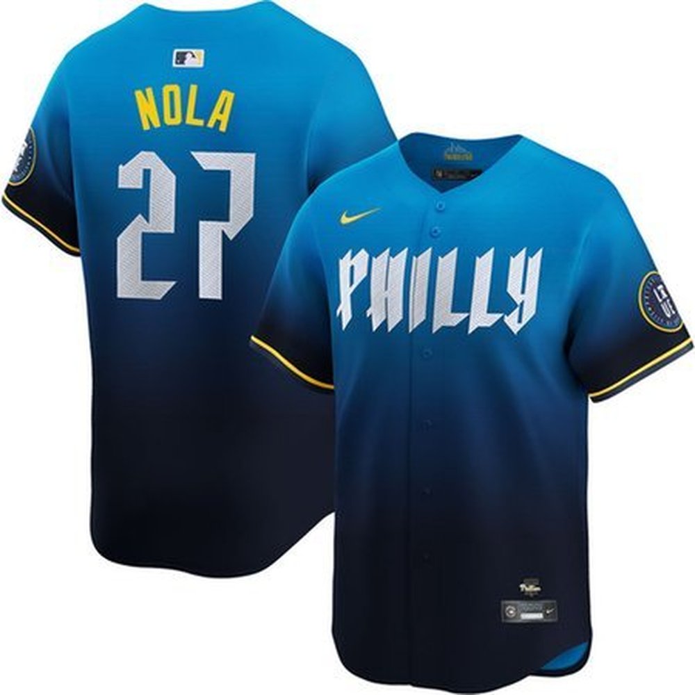 Men’s Philadelphia Phillies #27 Aaron Nola Blue 2024 City Connect Limited Player Jersey