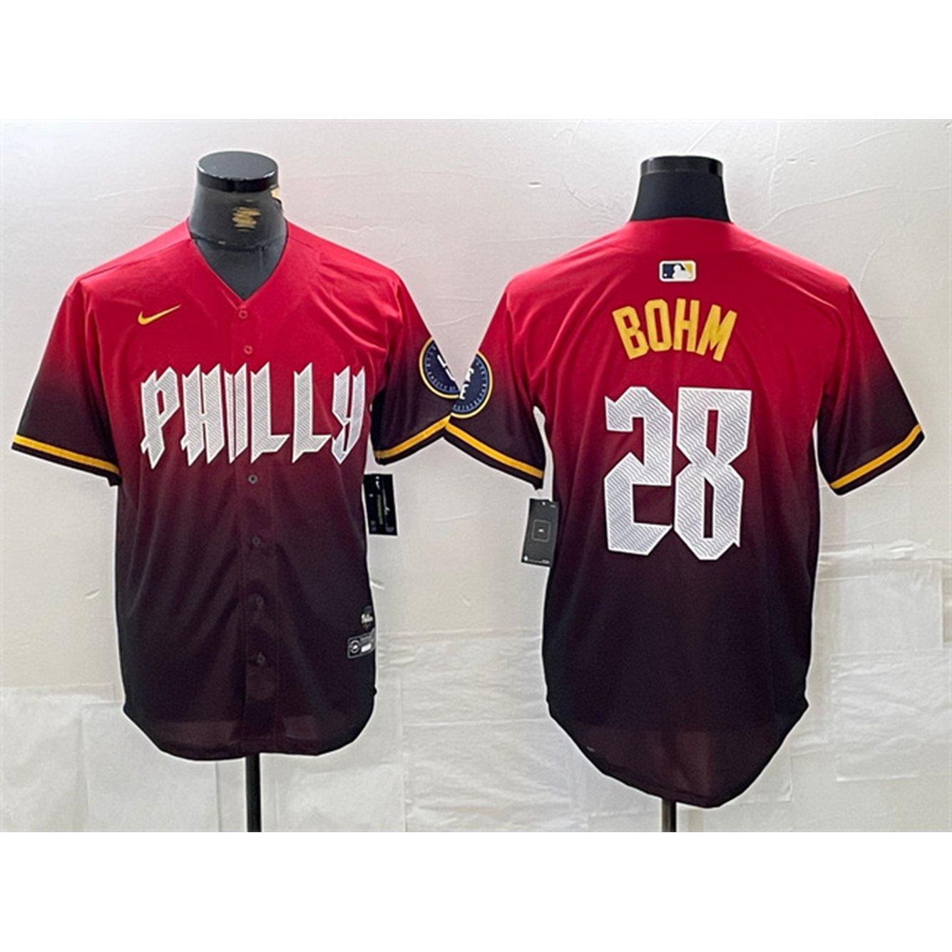 Men’s Philadelphia Phillies #28 Alec Bohm Red 2024 City Connect Limited Stitched Jersey