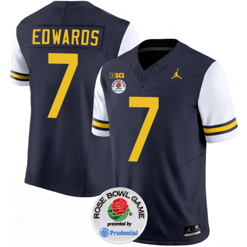Men’s Michigan Wolverines #7 Donovan Edwards 2023 F.U.S.E. Navy/White Rose Bowl Patch Stitched Jersey