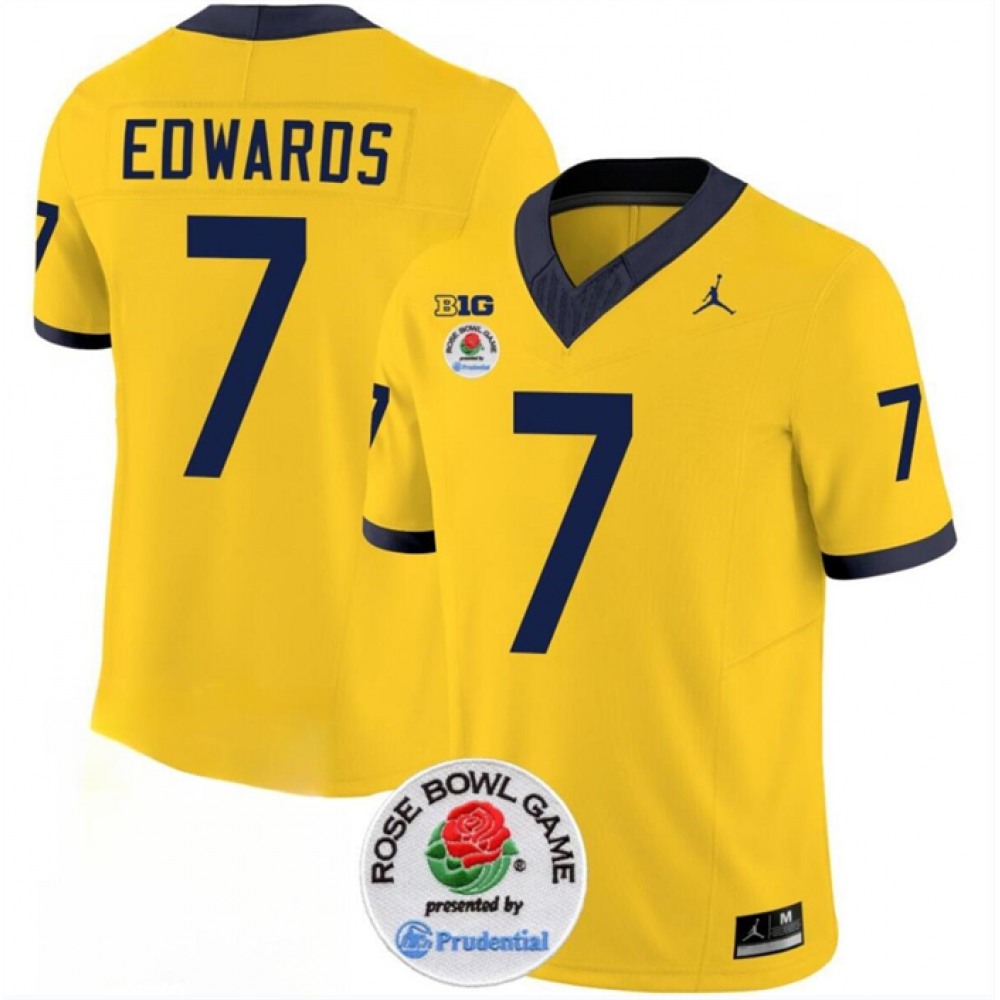 Men’s Michigan Wolverines #7 Donovan Edwards 2023 F.U.S.E. Yellow Rose Bowl Patch Stitched Jersey