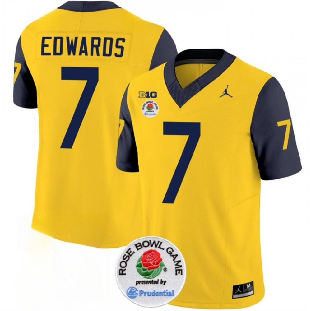 Men’s Michigan Wolverines #7 Donovan Edwards 2023 F.U.S.E. Yellow/Navy Rose Bowl Patch Stitched Jersey