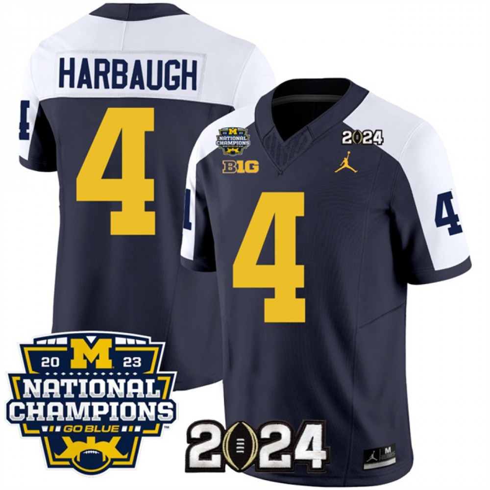 Men’s Michigan Wolverines #4 Jim Harbaugh Navy/White 2024 F.U.S.E. With 2023 National Champions Patch Stitched Jersey