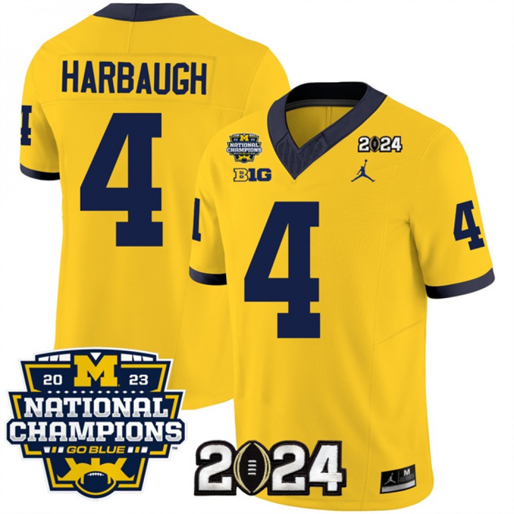Men’s Michigan Wolverines #4 Jim Harbaugh Yellow 2024 F.U.S.E. With 2023 National Champions Patch Stitched Jersey