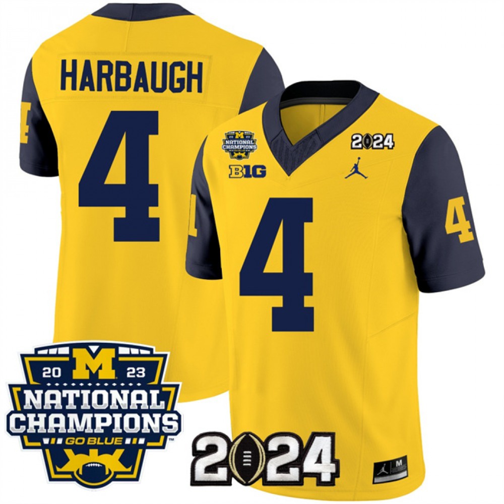 Men’s Michigan Wolverines #4 Jim Harbaugh Yellow/Navy 2024 F.U.S.E. With 2023 National Champions Patch Stitched Jersey