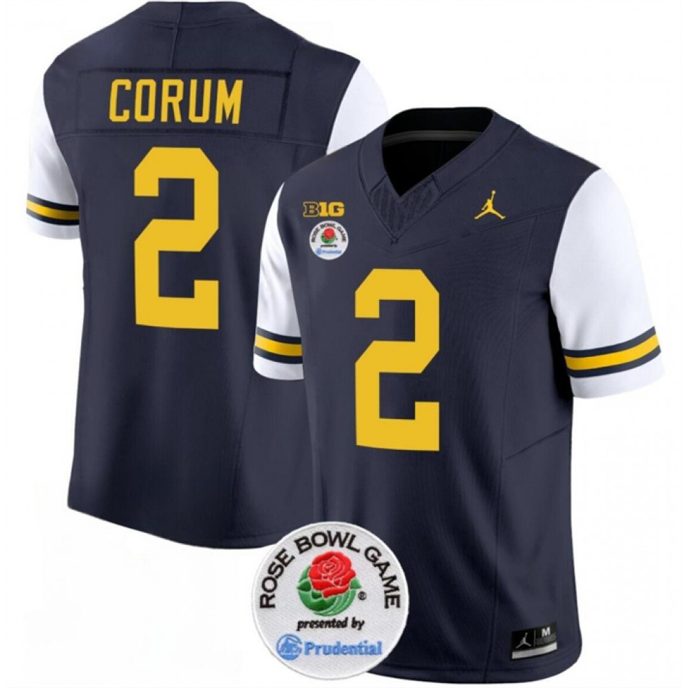 Men’s Michigan Wolverines #2 Blake Corum 2023 F.U.S.E. Navy/White Rose Bowl Patch Stitched Jersey