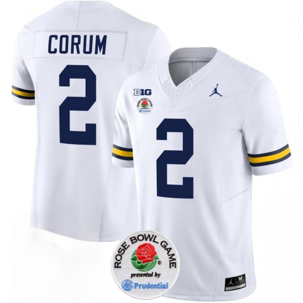 Men’s Michigan Wolverines #2 Blake Corum 2023 F.U.S.E. White Rose Bowl Patch Stitched Jersey