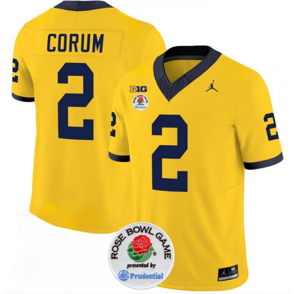 Men’s Michigan Wolverines #2 Blake Corum 2023 F.U.S.E. Yellow Rose Bowl Patch Stitched Jersey