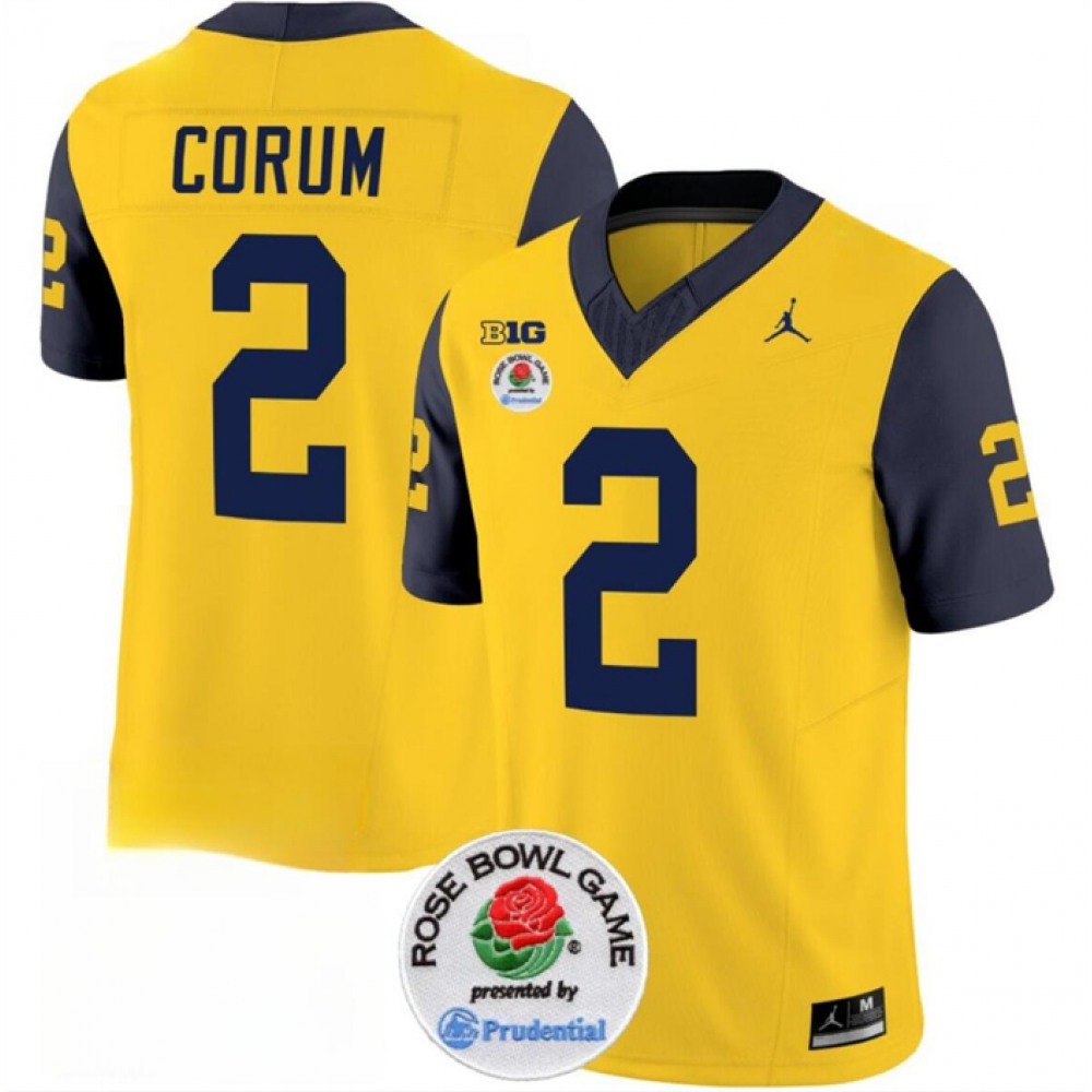 Men’s Michigan Wolverines #2 Blake Corum 2023 F.U.S.E. Yellow/Navy Rose Bowl Patch Stitched Jersey