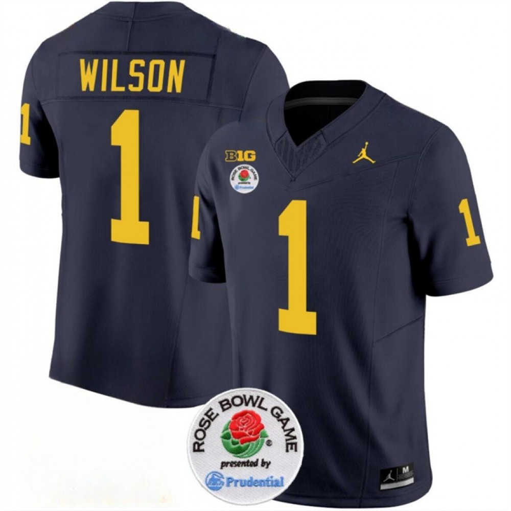 Men’s Michigan Wolverines #1 Roman Wilson 2023 F.U.S.E. Navy Blue Rose Bowl Patch Stitched Jersey