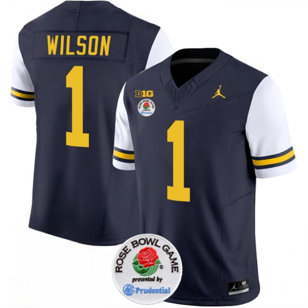 Men’s Michigan Wolverines #1 Roman Wilson 2023 F.U.S.E. Navy/White Rose Bowl Patch Stitched Jersey
