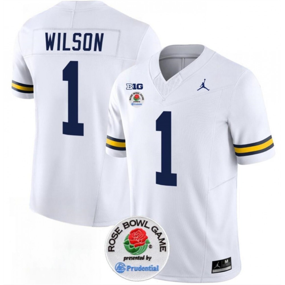 Men’s Michigan Wolverines #1 Roman Wilson 2023 F.U.S.E. White Rose Bowl Patch Stitched Jersey