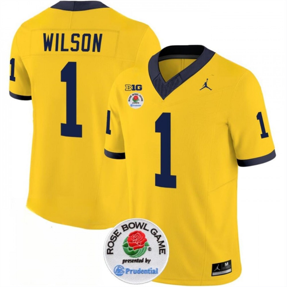 Men’s Michigan Wolverines #1 Roman Wilson 2023 F.U.S.E. Yellow Rose Bowl Patch Stitched Jersey