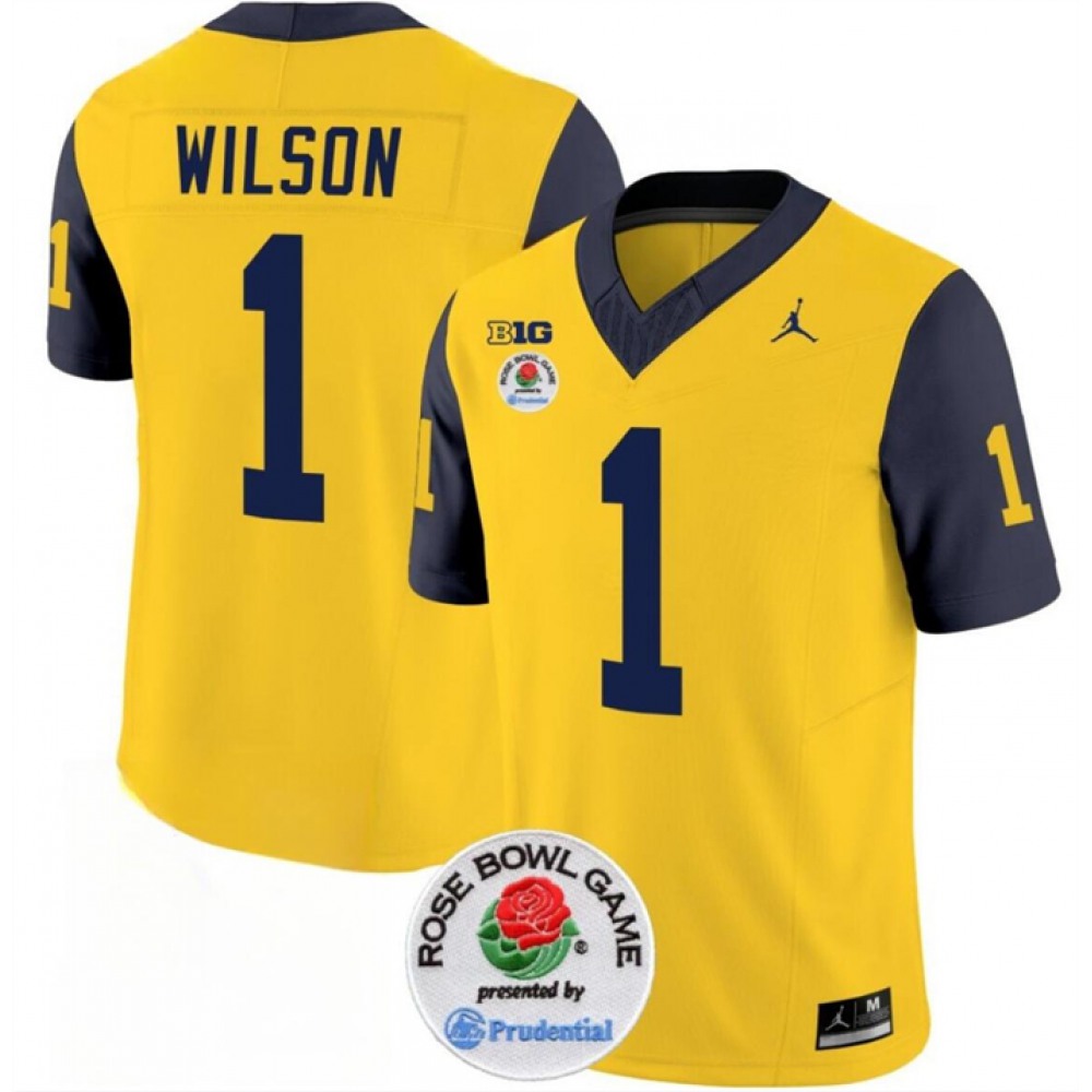 Men’s Michigan Wolverines #1 Roman Wilson 2023 F.U.S.E. Yellow/Navy Rose Bowl Patch Stitched Jersey