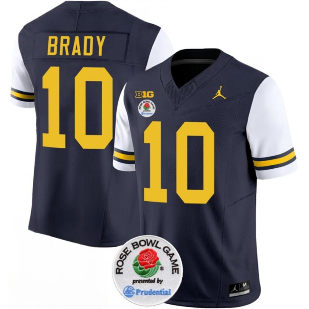 Men’s Michigan Wolverines #10 Tom Brady 2023 F.U.S.E. Navy/White Rose Bowl Patch Stitched Jersey