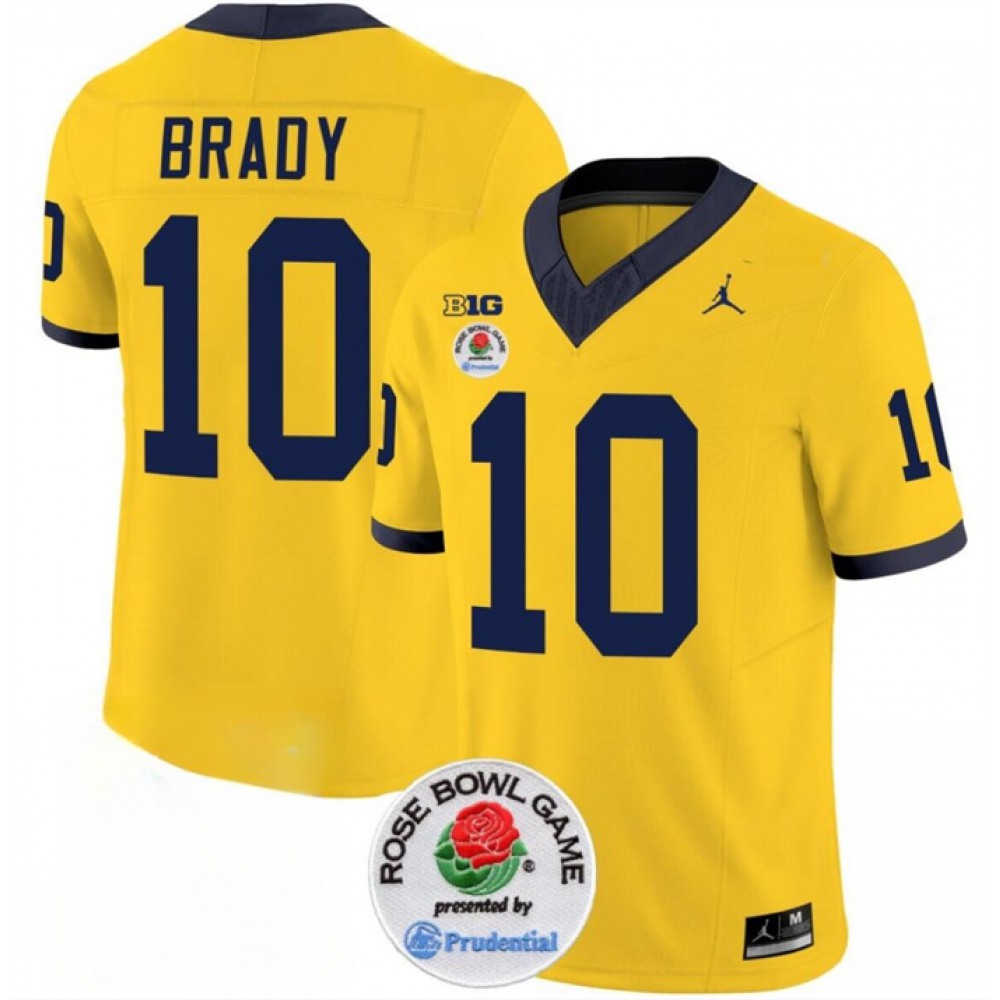 Men’s Michigan Wolverines #10 Tom Brady 2023 F.U.S.E. Yellow Rose Bowl Patch Stitched Jersey