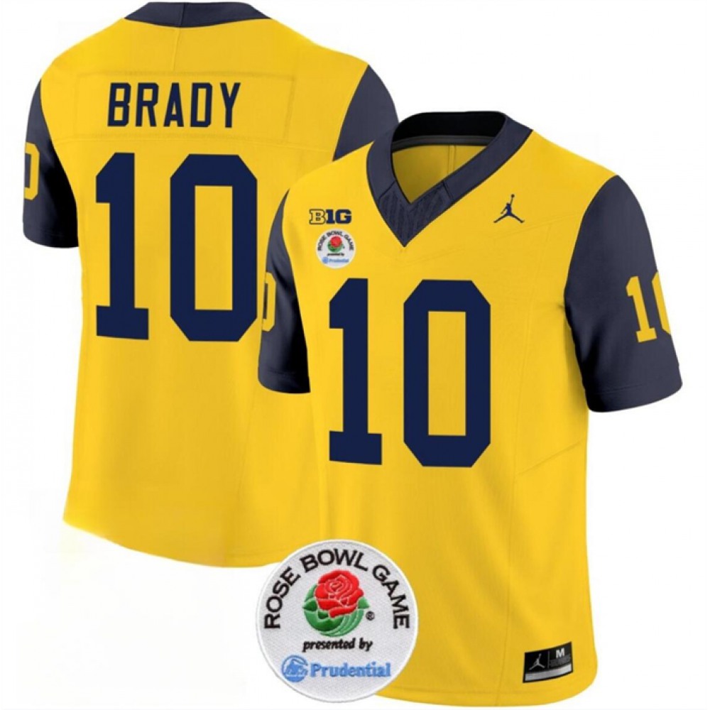 Men’s Michigan Wolverines #10 Tom Brady 2023 F.U.S.E. Yellow/Navy Rose Bowl Patch Stitched Jersey