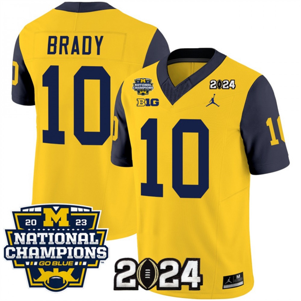 Men’s Michigan Wolverines #10 Tom Brady Yellow/Navy 2024 F.U.S.E. With 2023 National Champions Patch Stitched Jersey