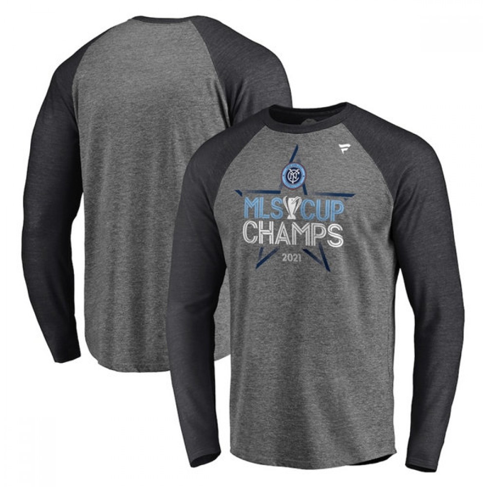 Men’s New York City FC 2021 Grey MLS Cup Champions Locker Room Raglan Long Sleeve T-Shirt