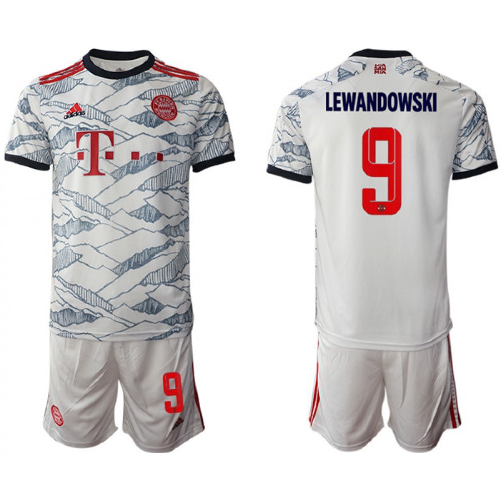 Men’s FC Bayern Munchen #9 Robert Lewandowski White Away Soccer Jersey Suit