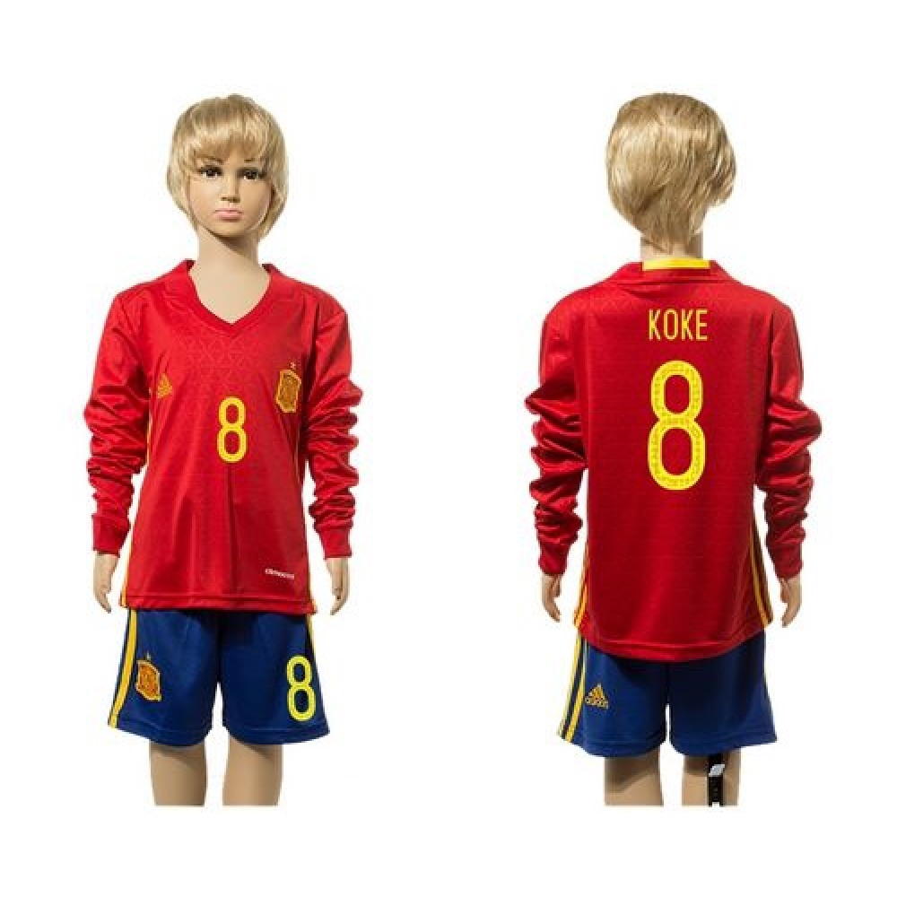 Spain #8 Koke Red Home Long Sleeves Kid Soccer Country Jersey