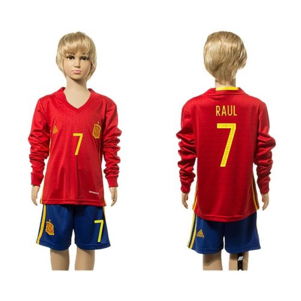 Spain #7 Raul Red Home Long Sleeves Kid Soccer Country Jersey