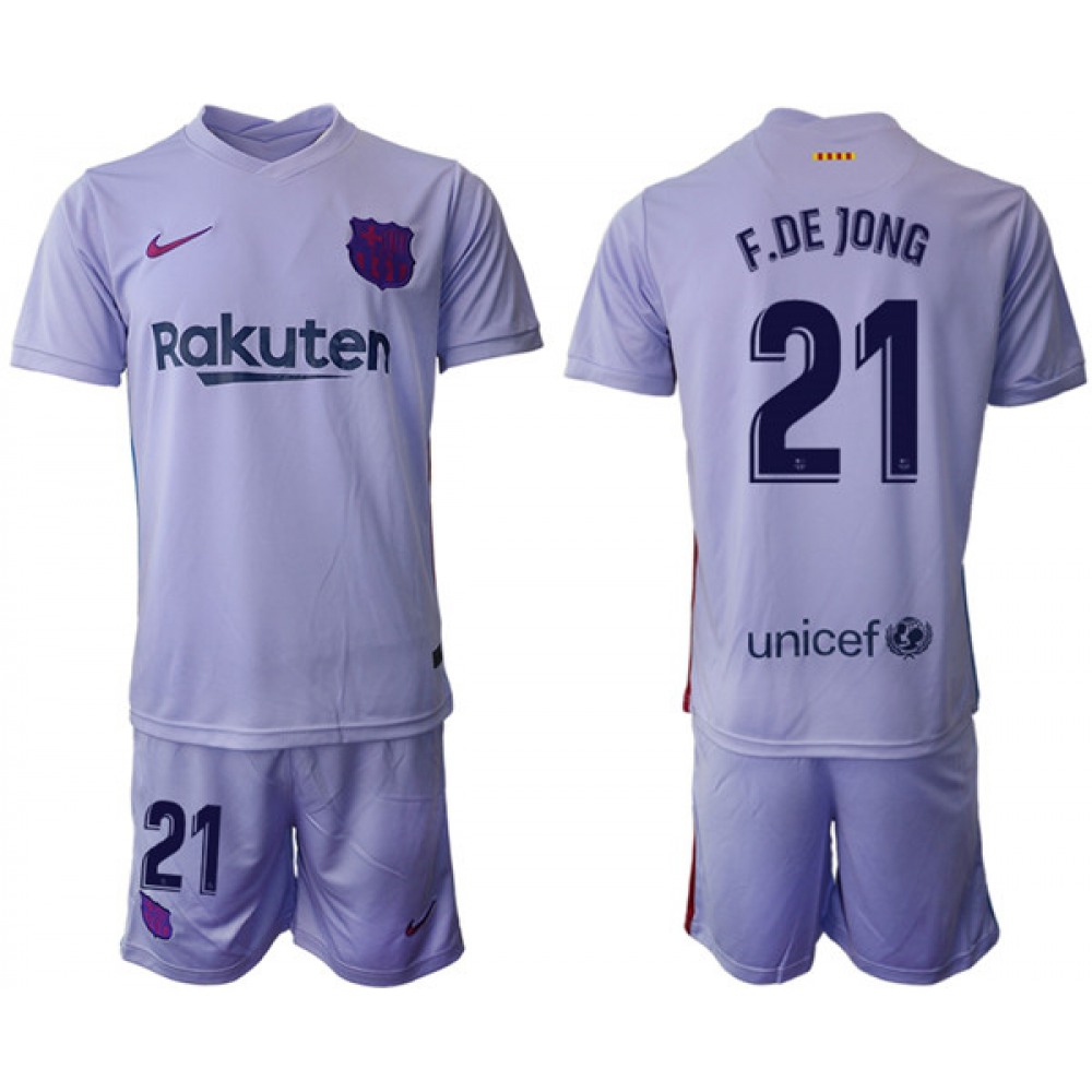 Men’s Barcelona #21 Frenkie de Jong 2021/22 Grey Away Soccer Jersey Suit