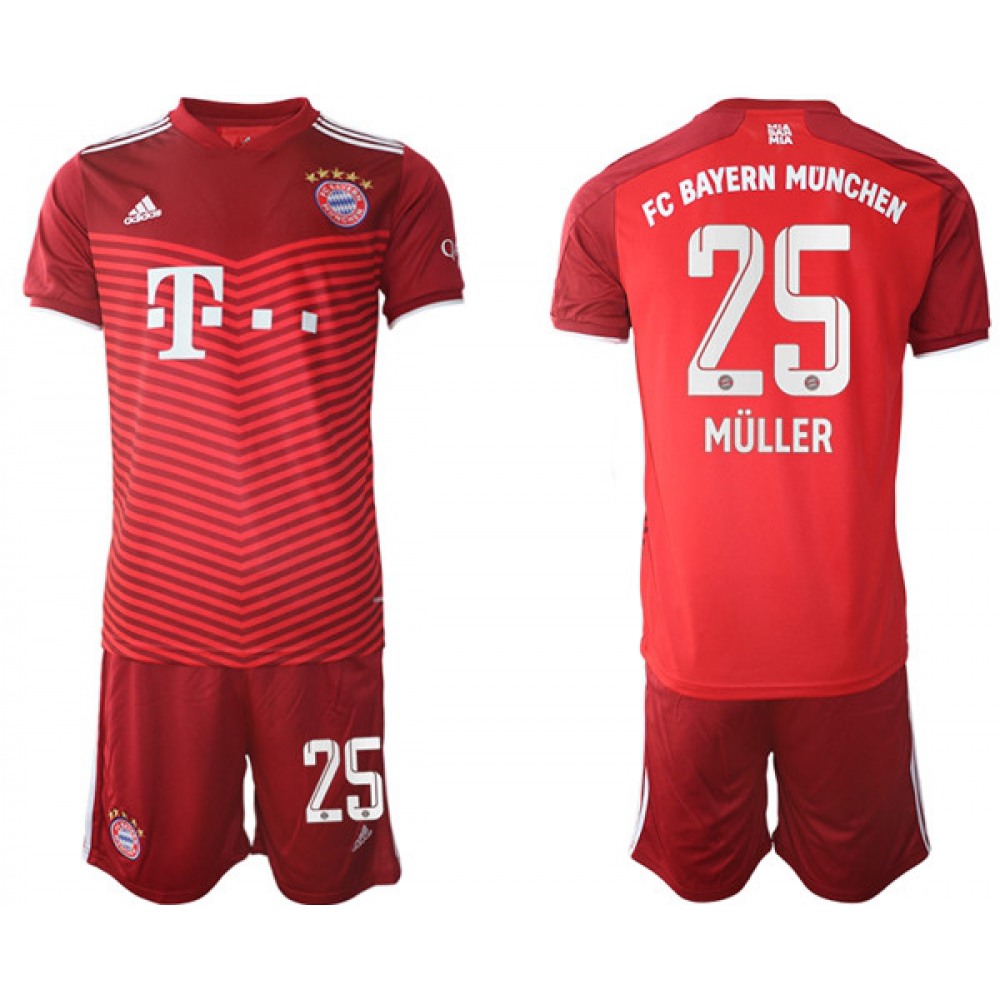 Men’s FC Bayern Munchen #25 Thomas Muller Red Home Soccer Jersey Suit