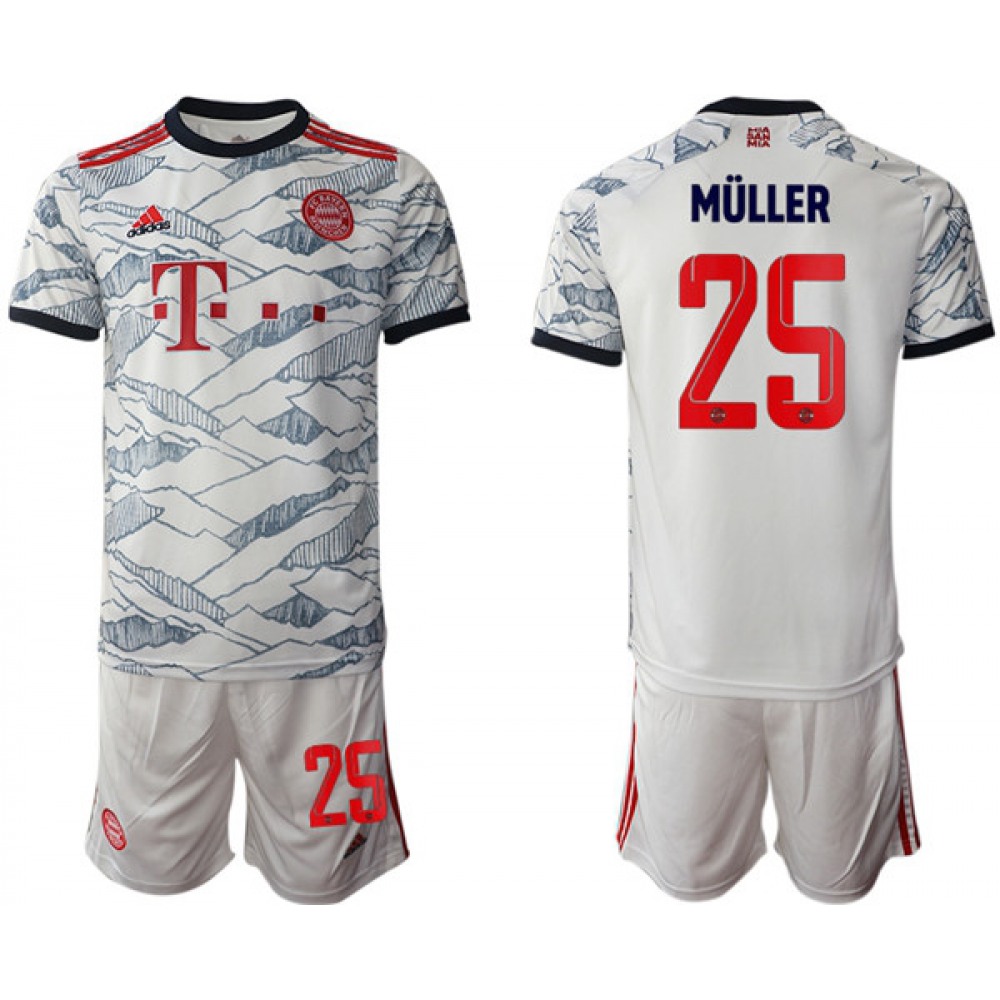 Men’s FC Bayern Munchen #25 Thomas Muller White Away Soccer Jersey Suit