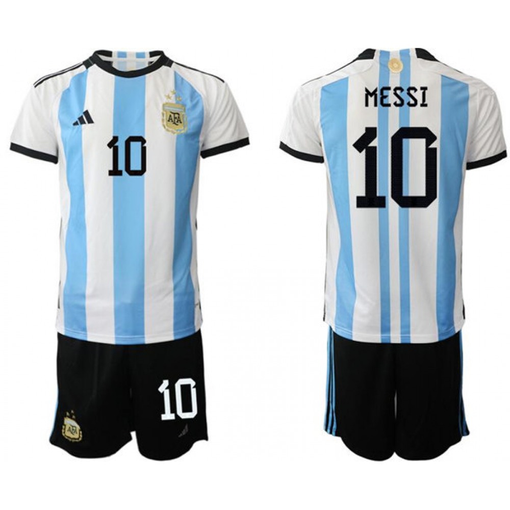 Men’s Argentina #10 Messi White/Blue 3 Stars Home Soccer Jersey Suit