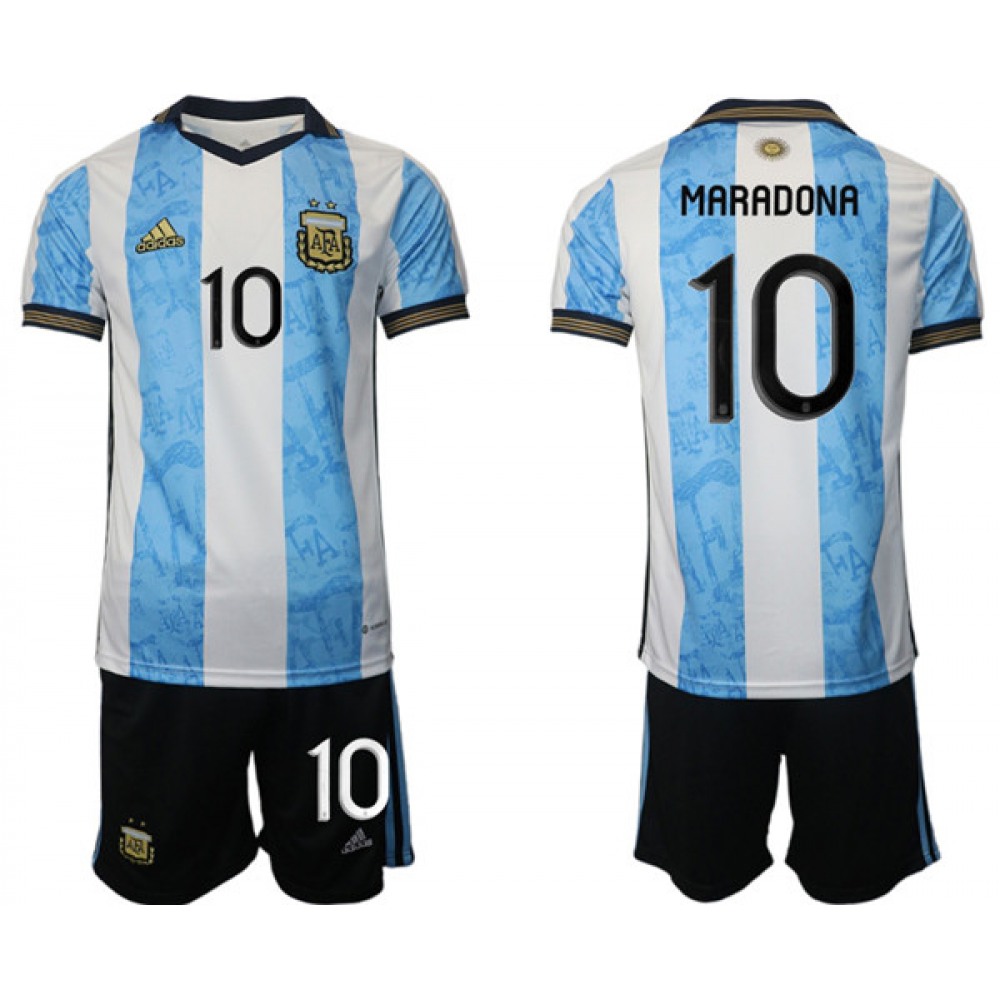Men’s Argentina #10 Diego Maradona White/Blue Home Soccer Jersey Suit
