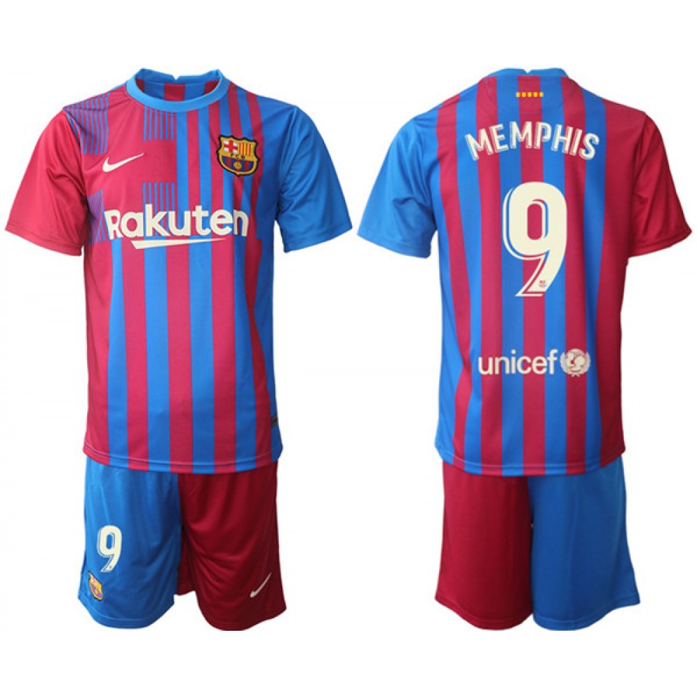 Men’s Barcelona #9 Memphis 2021/22 Home Soccer Jersey Suit