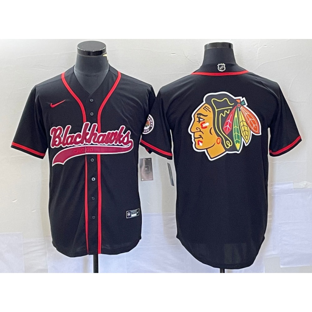 Men’s Chicago Blackhawks Black Team Big Logo Cool Base Stitched Baseball Jersey