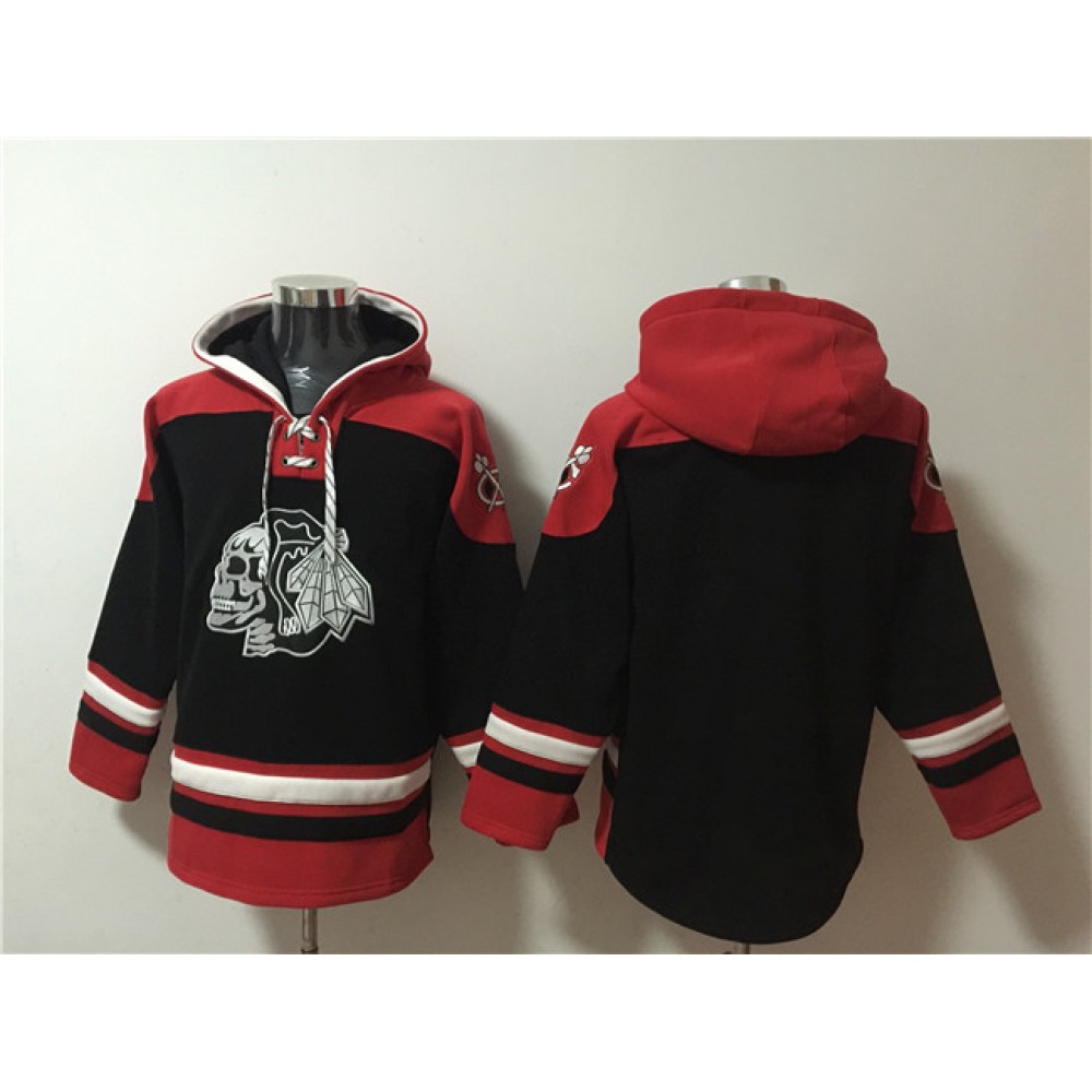 Men’s Chicago Blackhawks Blank Black Lace-Up Pullover Hoodie