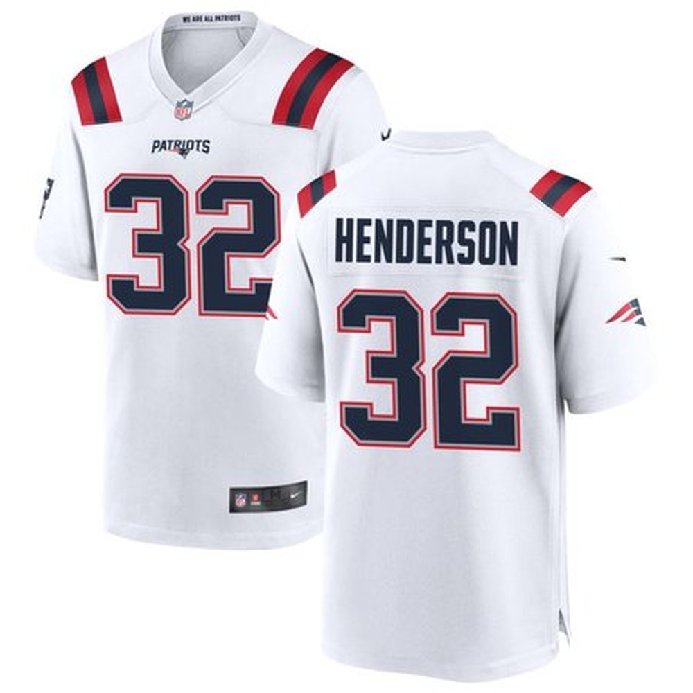 Men’s New England Patriots #32 TreVeyon Henderson Nike White 2025 NFL Draft Game Jersey