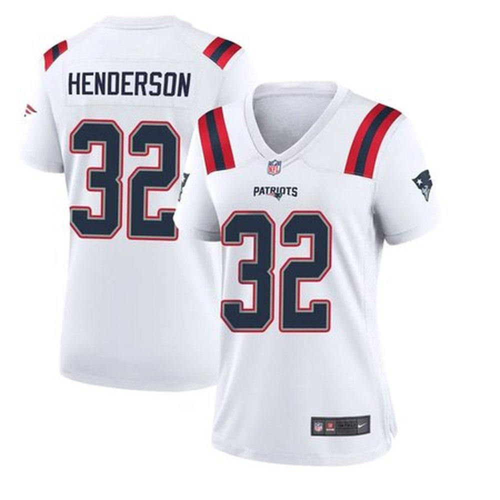 Women’s New England Patriots #32 TreVeyon Henderson Nike White 2025 NFL Draft Game Jersey