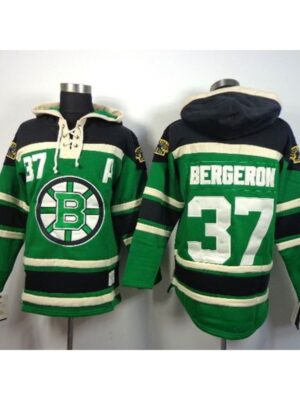 Bruins #37 Patrice Bergeron Green St. Patrick's Day McNary Lace Hoodie Stitched NHL Jersey