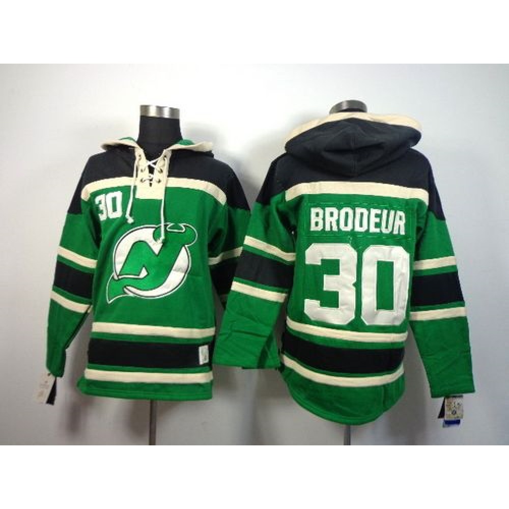 Devils #30 Martin Brodeur Green St. Patrick’s Day McNary Lace Hoodie Stitched NHL Jersey