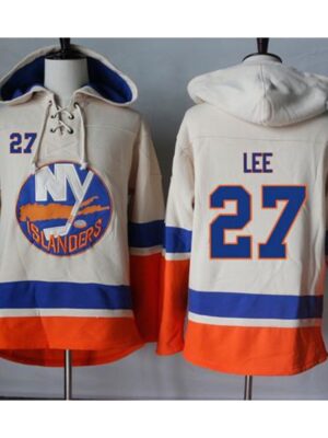 Islanders #27 Anders Lee Cream Sawyer Hooded Sweatshirt Stitched NHL Jersey