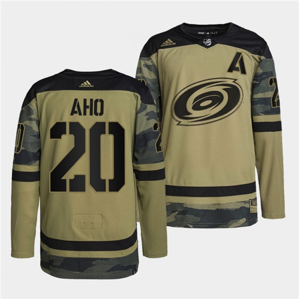 Men’s Carolina Hurricanes #20 Sebastian Aho 2022 Camo Military Appreciation Night Stitched Jersey