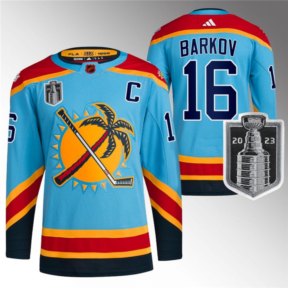 Men’s Florida Panthers #16 Aleksander Barkov Blue 2023 Stanley Cup Final Reverse Retro Stitched Jersey